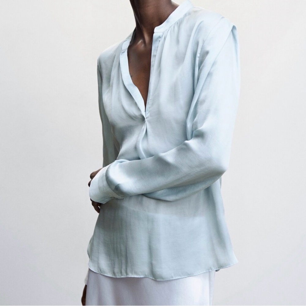 MANGO Light Blue Mandarin Collar Satin Blouse